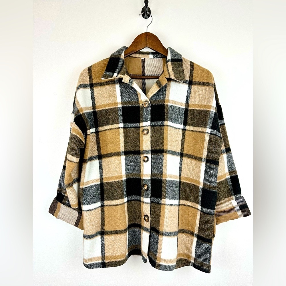 Tartan Plaid Button Down Tan Black White Oversized Shirt Jacket Shacket - Sz L